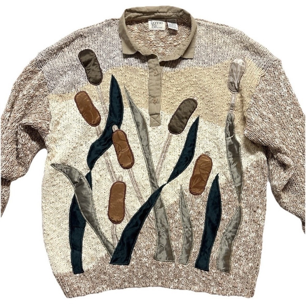 Vintage Knit Sweater Pullover Collared Applique Textured Neutral Women L